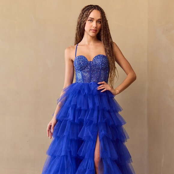 New Formal A-Line Ruffle Rhinestone Embellished Dress w/ Sweetheart Neck AC4048 - Picture 4 of 9